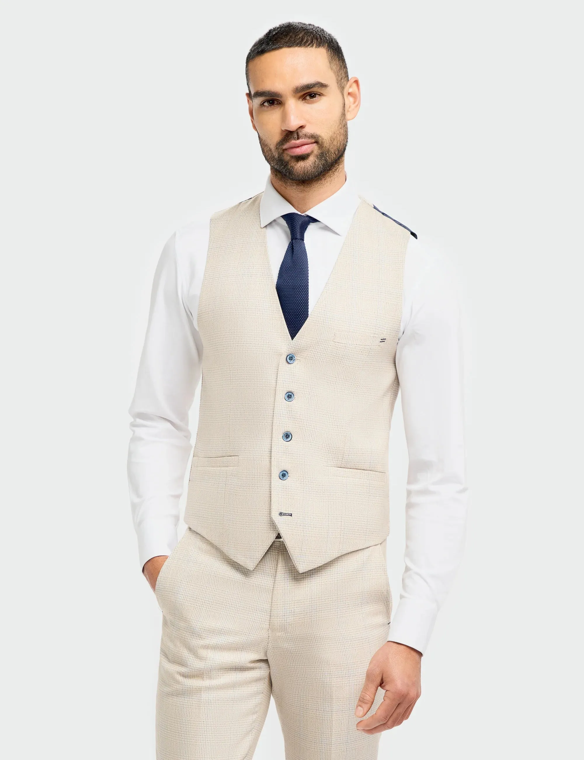 MENS CARIDI BEIGE TAILORED FIT THREE PIECE SUIT