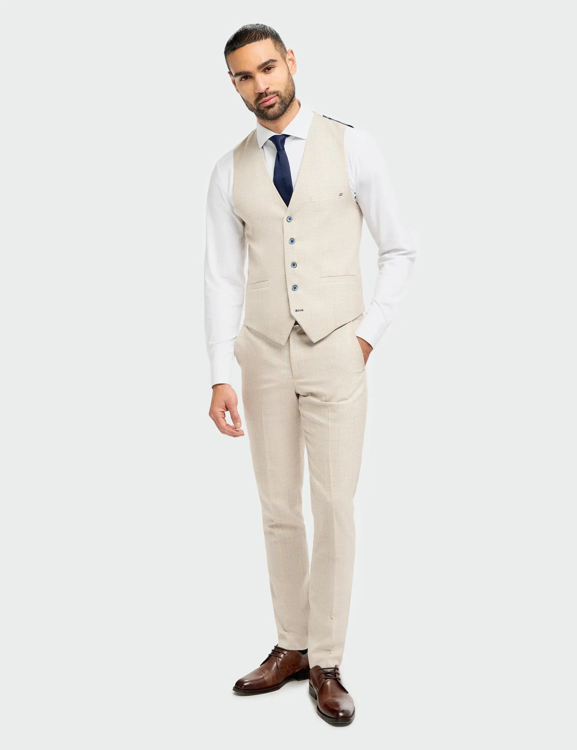 MENS CARIDI BEIGE TAILORED FIT THREE PIECE SUIT