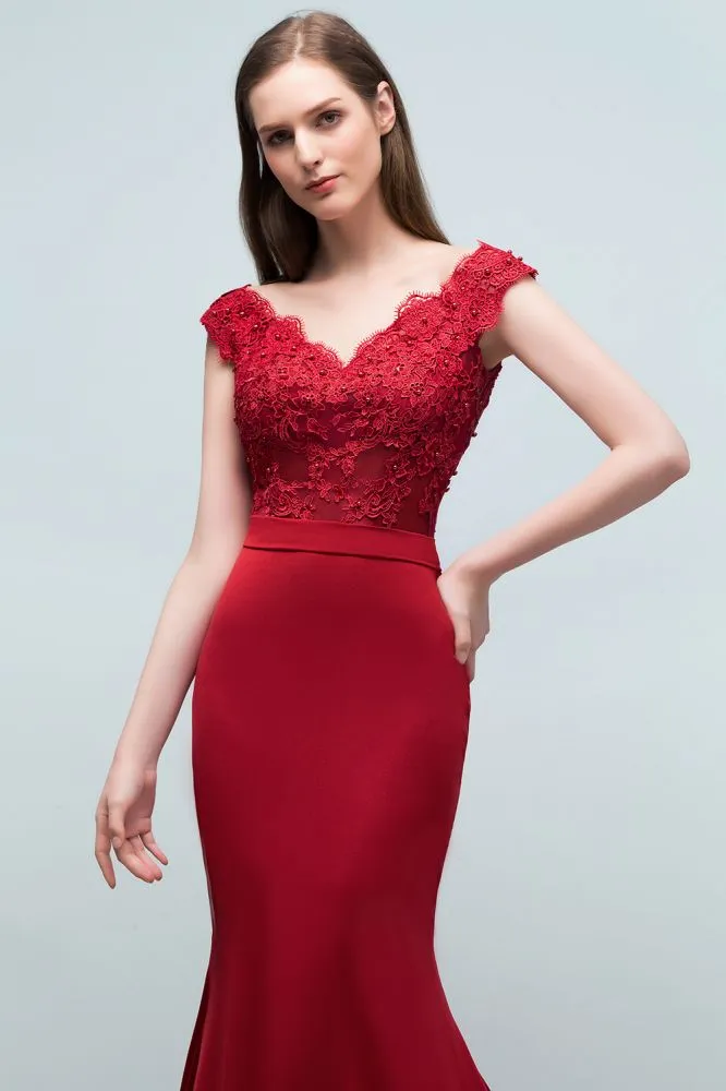 Mermaid V-neck Appliques Beads Floor Length Prom Dresses with Sash