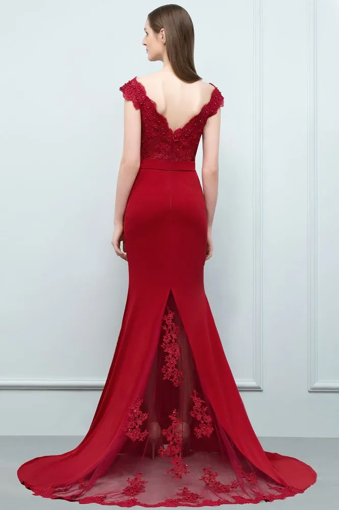 Mermaid V-neck Appliques Beads Floor Length Prom Dresses with Sash