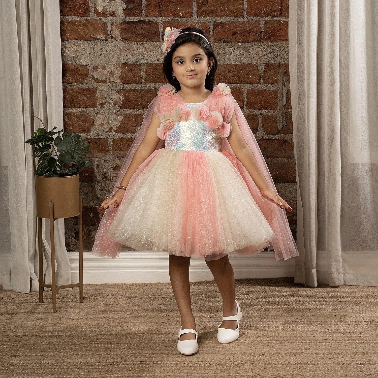 Ministitch Sequin body & Flower Applique party frock for girls-Cream