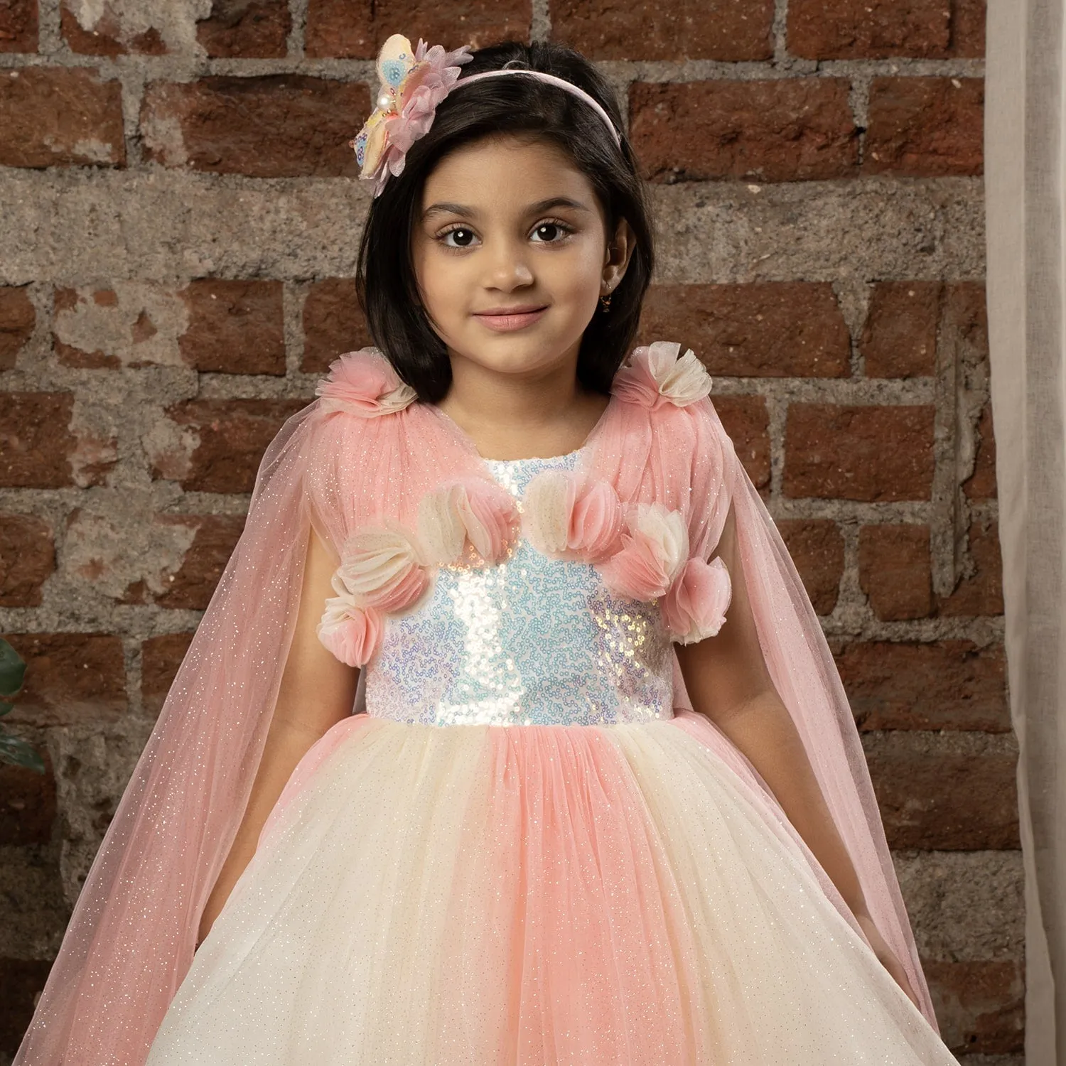 Ministitch Sequin body & Flower Applique party frock for girls-Cream