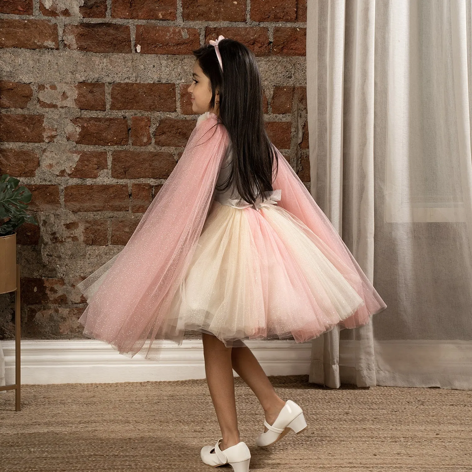 Ministitch Sequin body & Flower Applique party frock for girls-Cream