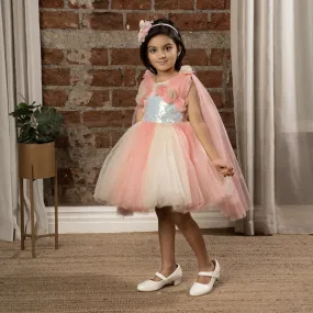 Ministitch Sequin body & Flower Applique party frock for girls-Cream