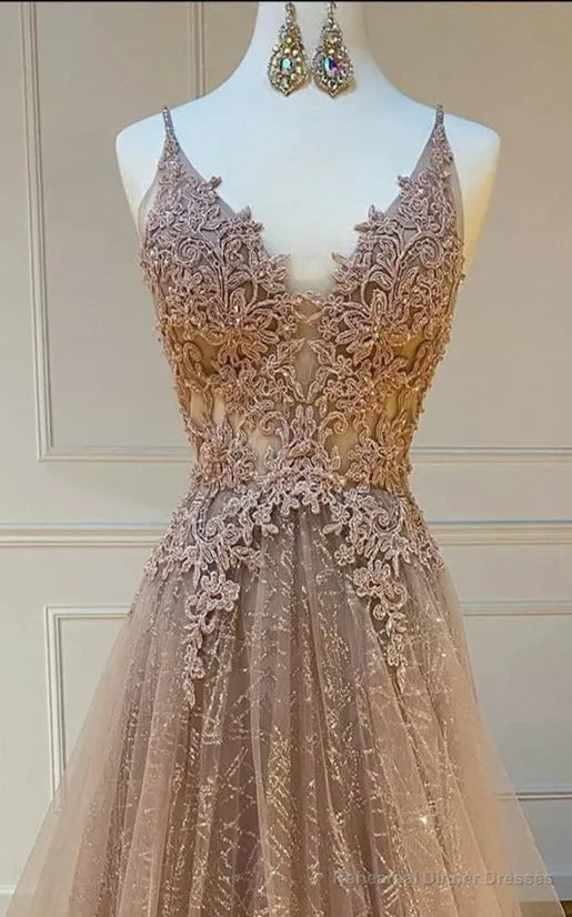 modest tulle v-neck a-line long lace prom dress formal evening gowns