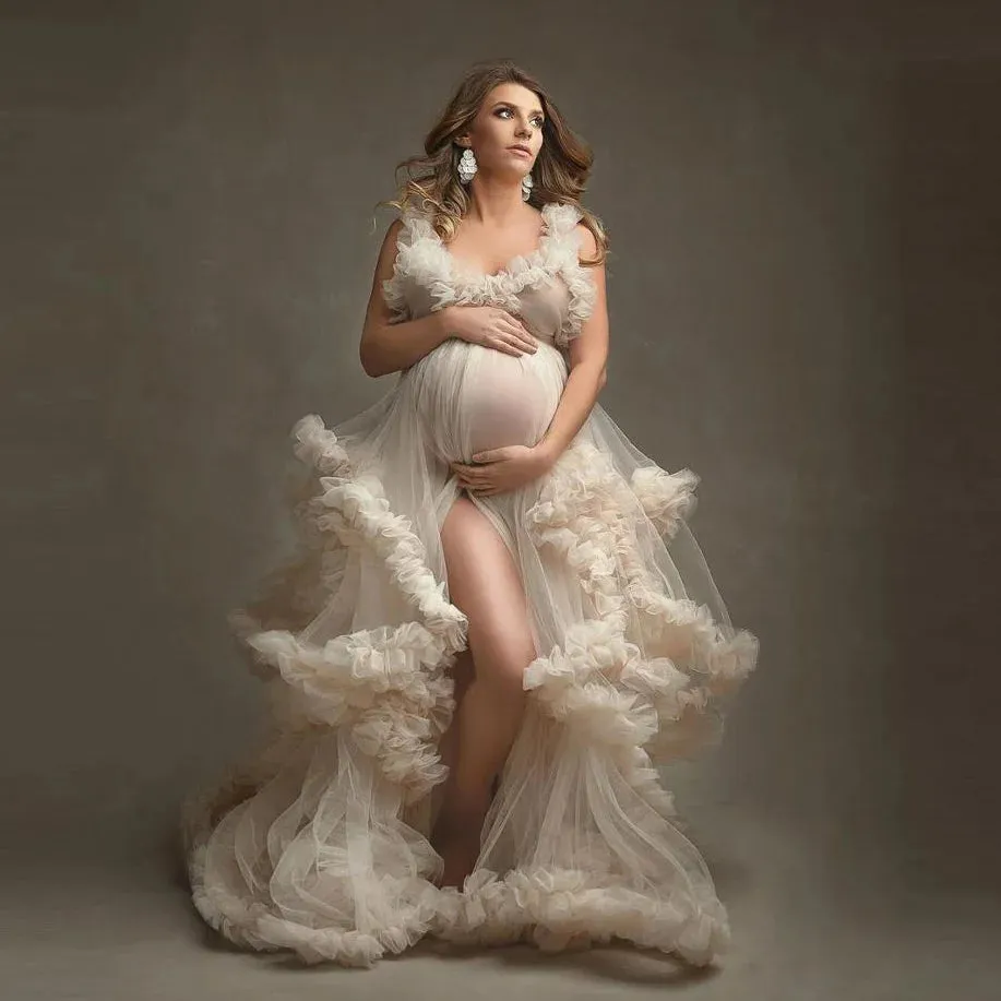 Mqtime Extra Puffy Tulle Maternity Dress Photo shoot Women Gowns Robe Ruffled Tulle Sexy Long Photography Dress Custom Made Robes