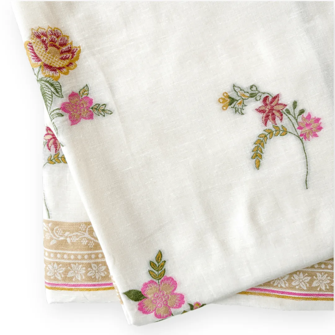 Off-White & Pink Flowers From Heaven Pure Linen Kurta Fabric (2.5 Meters) | and Cotton Pyjama (2.5 Meters) | Unstitched Combo Set
