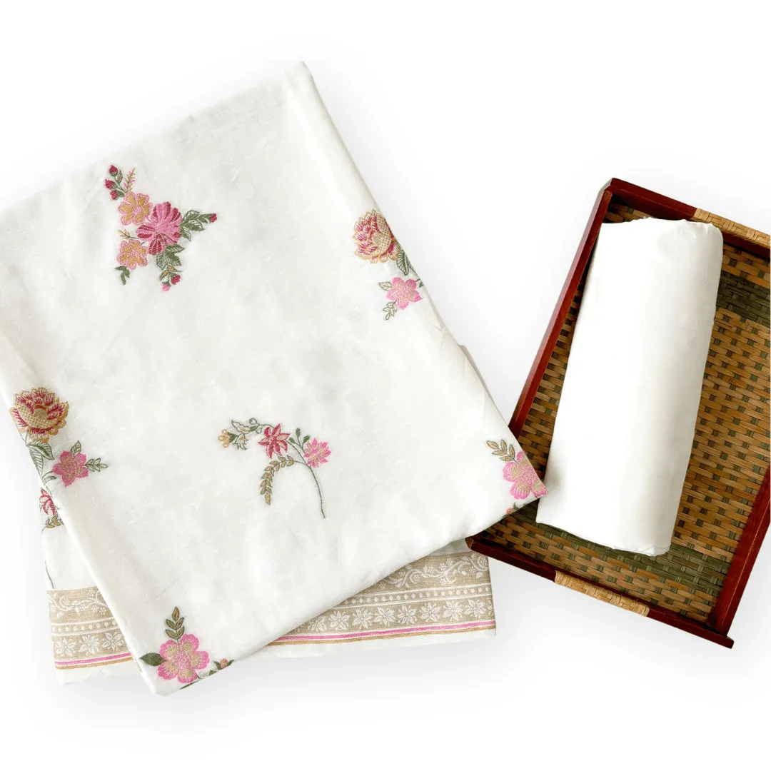 Off-White & Pink Flowers From Heaven Pure Linen Kurta Fabric (2.5 Meters) | and Cotton Pyjama (2.5 Meters) | Unstitched Combo Set