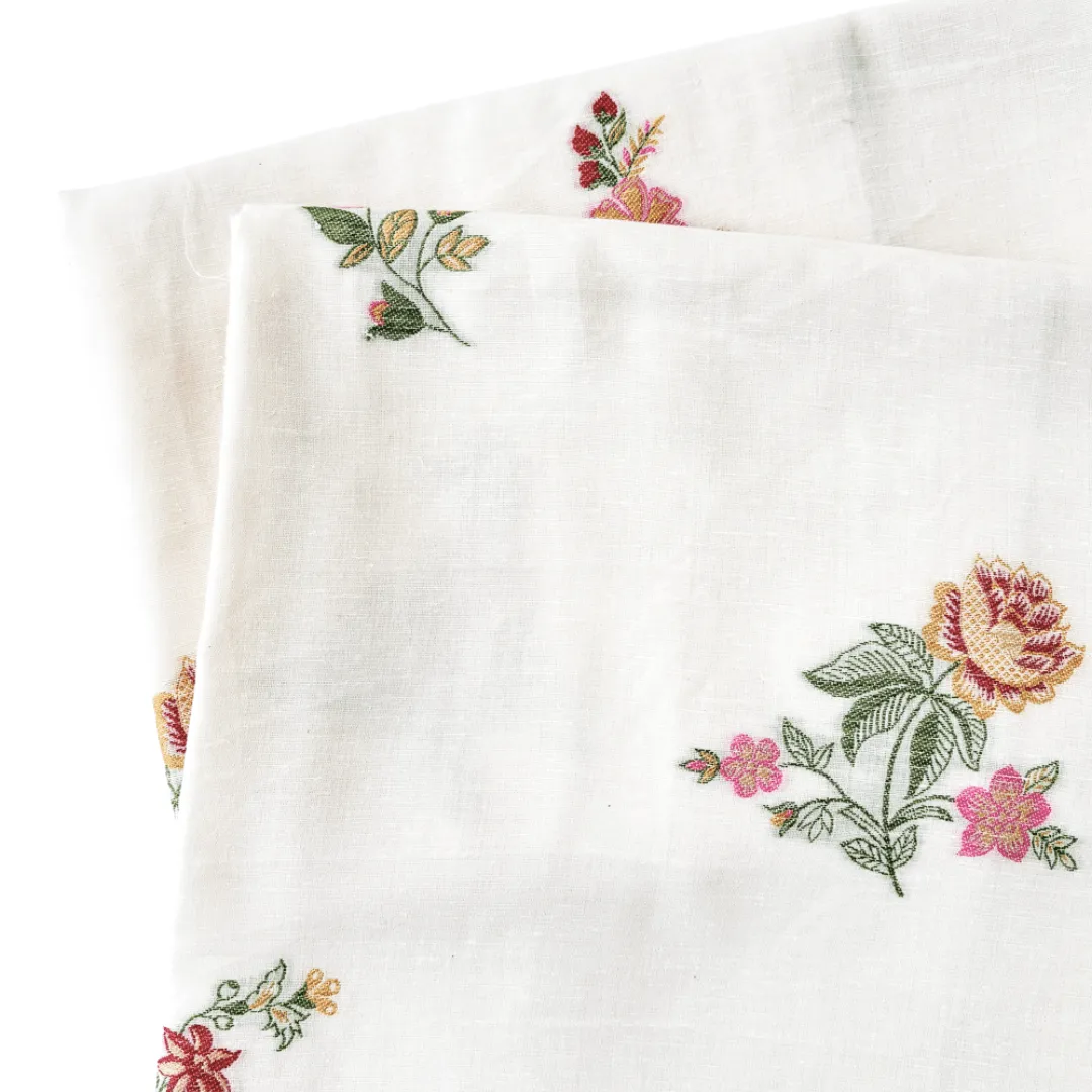 Off-White & Pink Flowers From Heaven Pure Linen Kurta Fabric (2.5 Meters) | and Cotton Pyjama (2.5 Meters) | Unstitched Combo Set