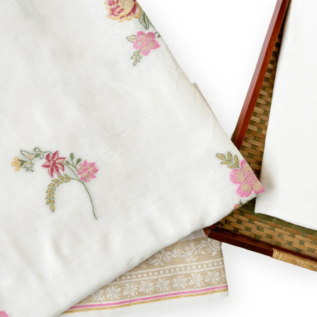 Off-White & Pink Flowers From Heaven Pure Linen Kurta Fabric (2.5 Meters) | and Cotton Pyjama (2.5 Meters) | Unstitched Combo Set