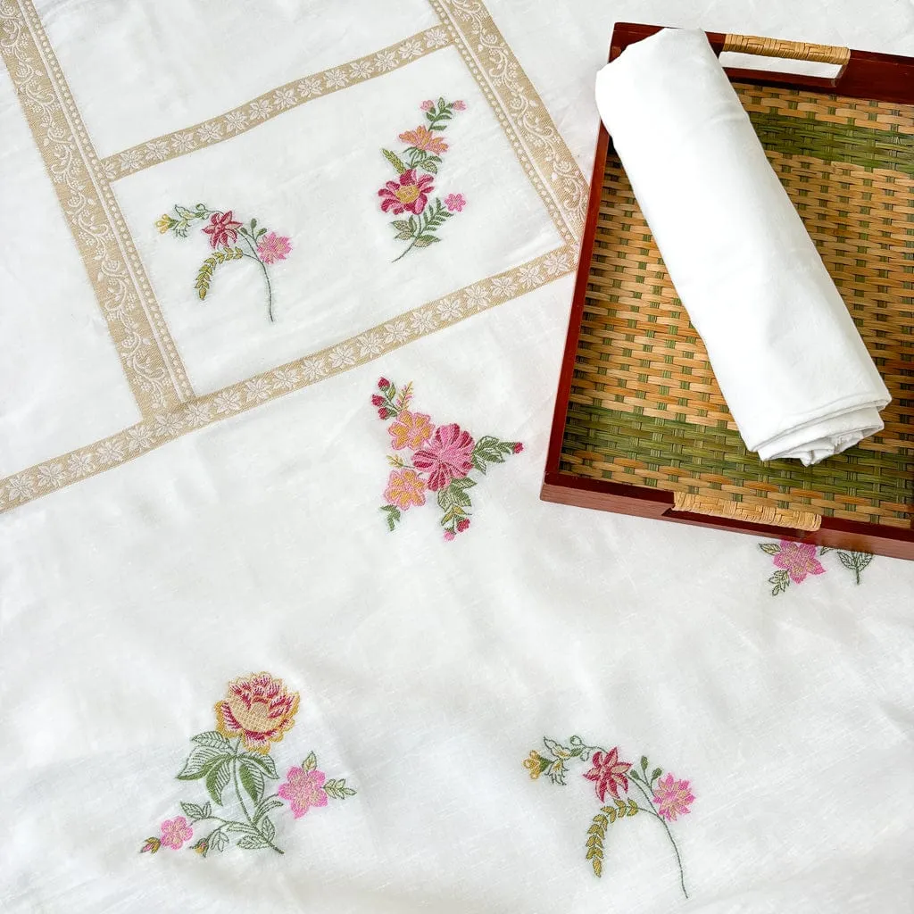Off-White & Pink Flowers From Heaven Pure Linen Kurta Fabric (2.5 Meters) | and Cotton Pyjama (2.5 Meters) | Unstitched Combo Set