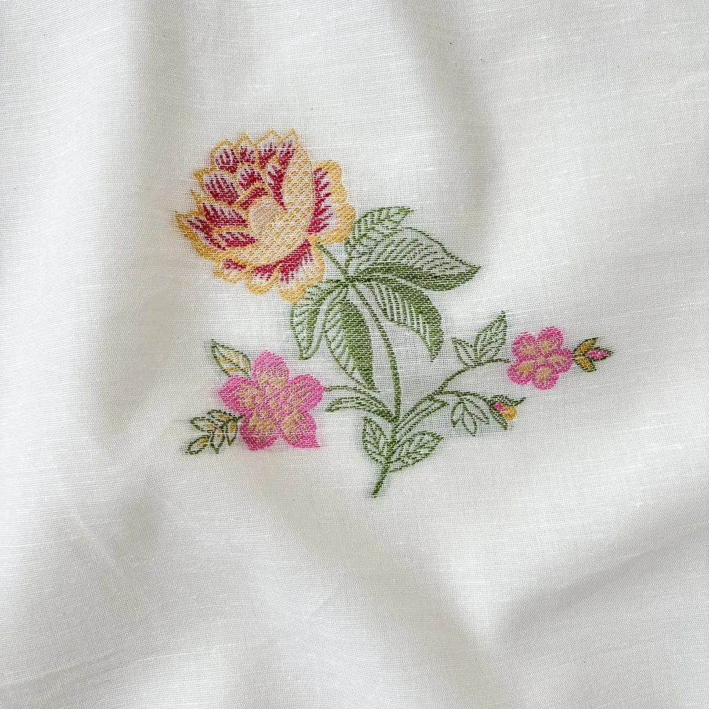 Off-White & Pink Flowers From Heaven Pure Linen Kurta Fabric (2.5 Meters) | and Cotton Pyjama (2.5 Meters) | Unstitched Combo Set
