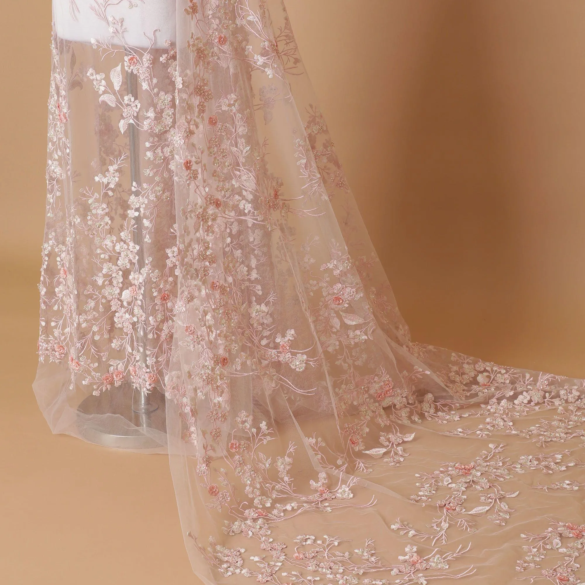 Peach Premium wedding nylon tulle fabric with same tone, beige embroidery, applique work, bead work and sequins in floral design-D7916