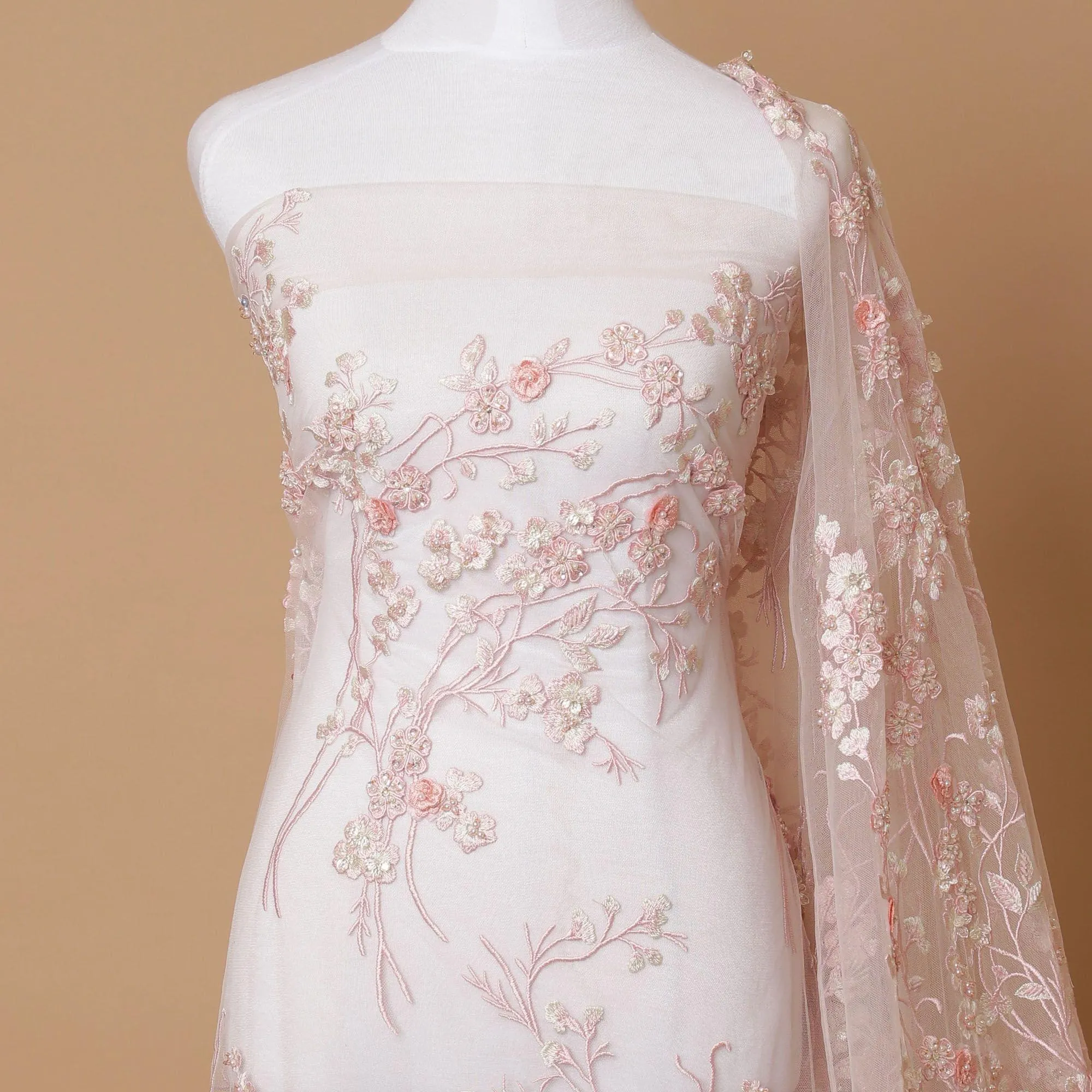 Peach Premium wedding nylon tulle fabric with same tone, beige embroidery, applique work, bead work and sequins in floral design-D7916