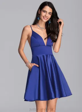 Pockets Dress Cocktail With Short/Mini V-neck Lucy Satin A-Line Cocktail Dresses