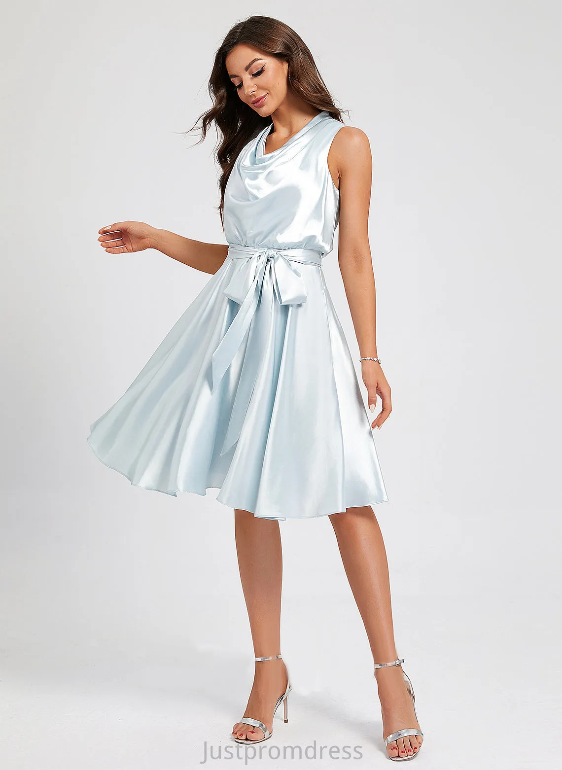 Pockets Sash Charmeuse A-Line Aria Knee-Length Dress Cocktail Dresses Cocktail Neck With Cowl