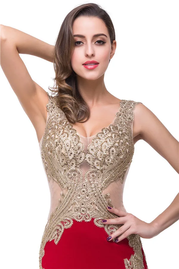 Red V-Neck Mermaid Sweep-length Appliques Formal Dresses
