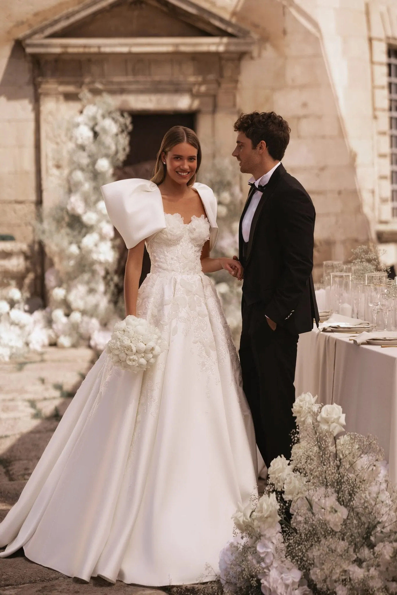 Regal Ivory Wedding Gown with Floral Sequined Corset and Attachable Voluminous Bolero Plus Size