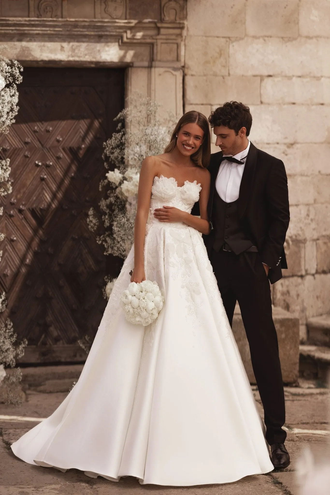Regal Ivory Wedding Gown with Floral Sequined Corset and Attachable Voluminous Bolero Plus Size