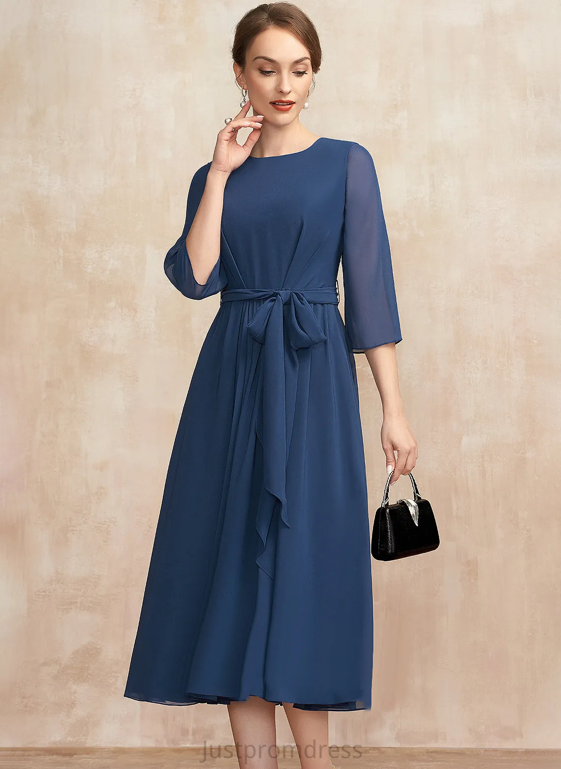 Ruffle Ashtyn Chiffon Scoop Dress Tea-Length A-Line Bow(s) Neck Cocktail Dresses With Cocktail