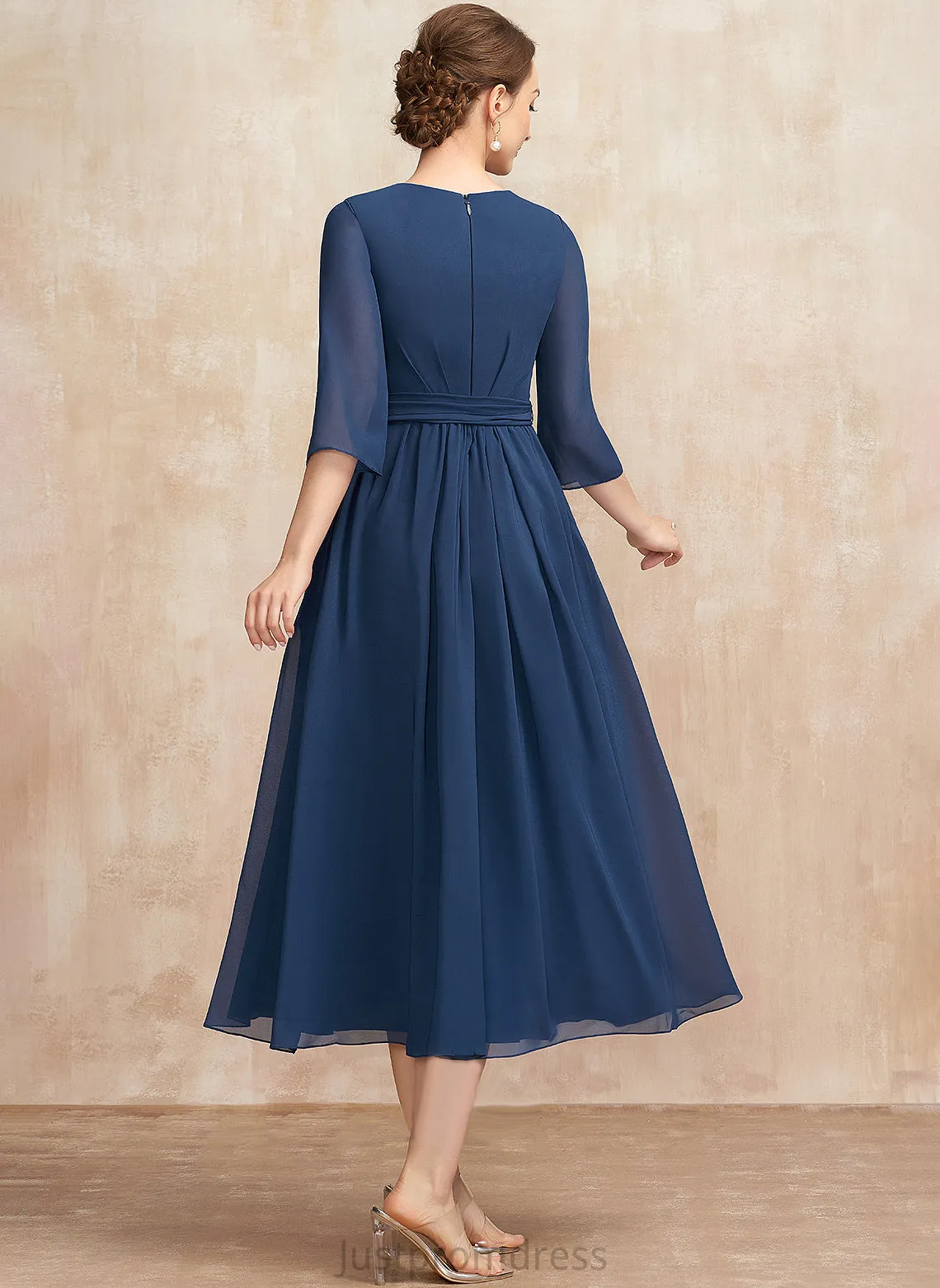 Ruffle Ashtyn Chiffon Scoop Dress Tea-Length A-Line Bow(s) Neck Cocktail Dresses With Cocktail