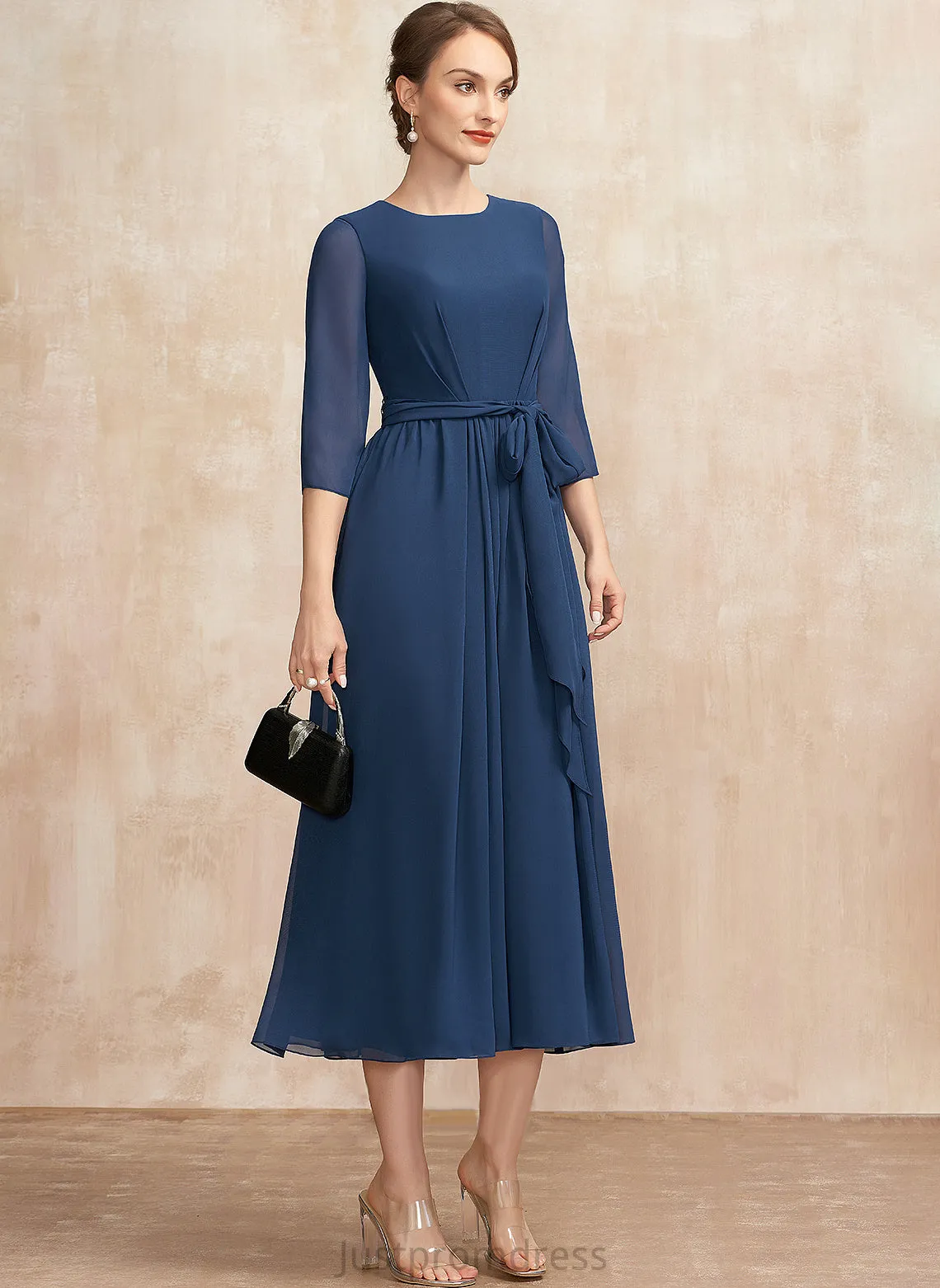 Ruffle Ashtyn Chiffon Scoop Dress Tea-Length A-Line Bow(s) Neck Cocktail Dresses With Cocktail