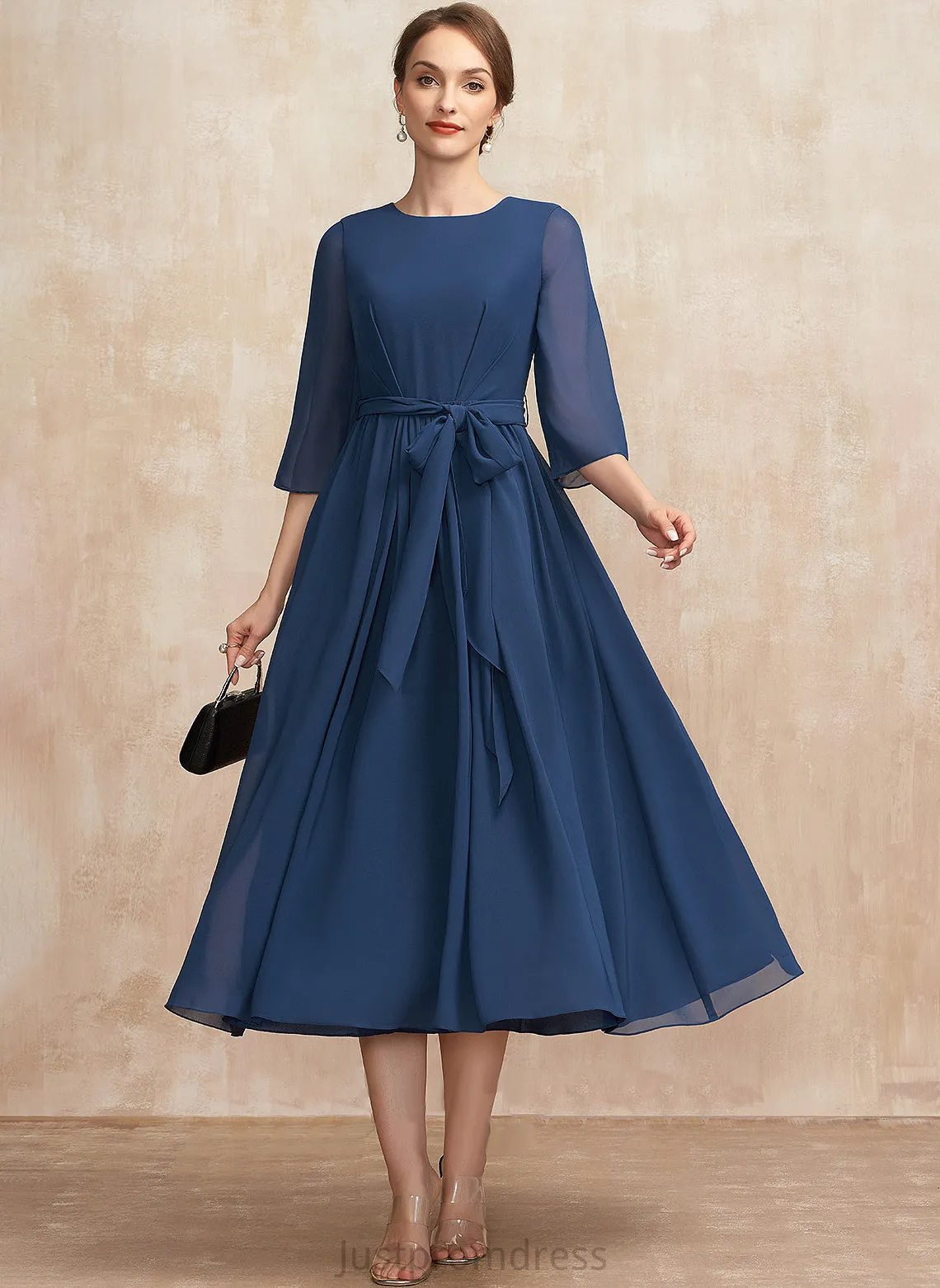 Ruffle Ashtyn Chiffon Scoop Dress Tea-Length A-Line Bow(s) Neck Cocktail Dresses With Cocktail