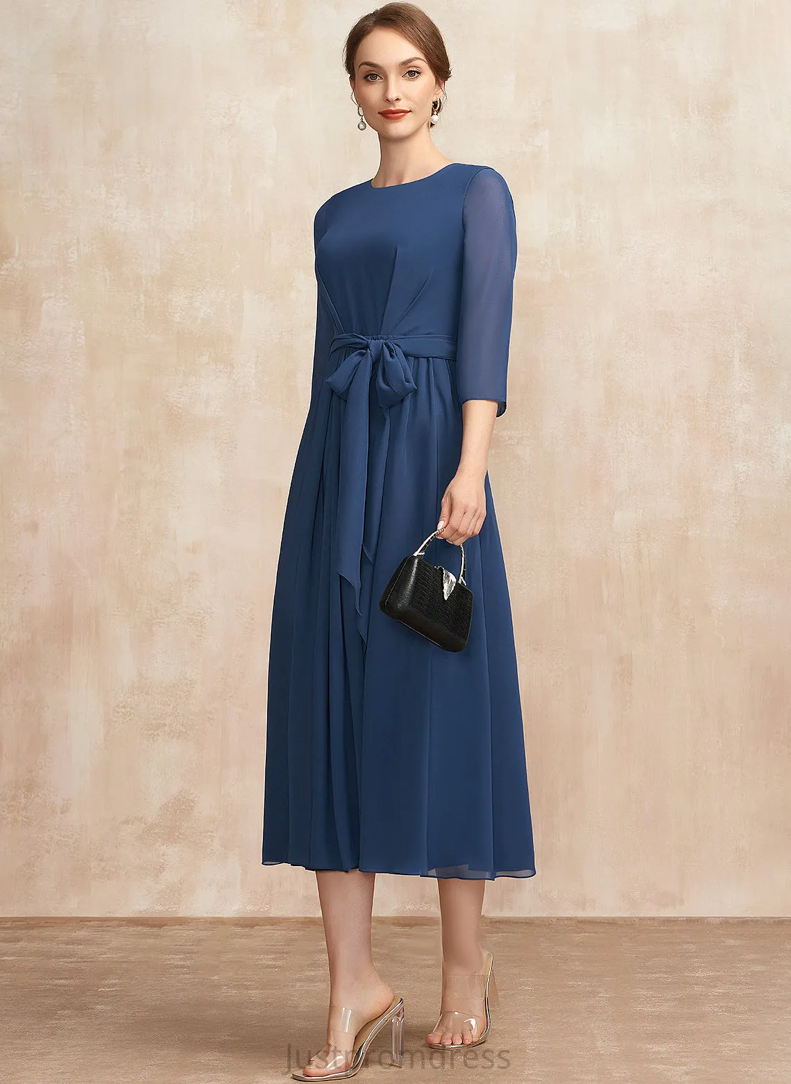 Ruffle Ashtyn Chiffon Scoop Dress Tea-Length A-Line Bow(s) Neck Cocktail Dresses With Cocktail