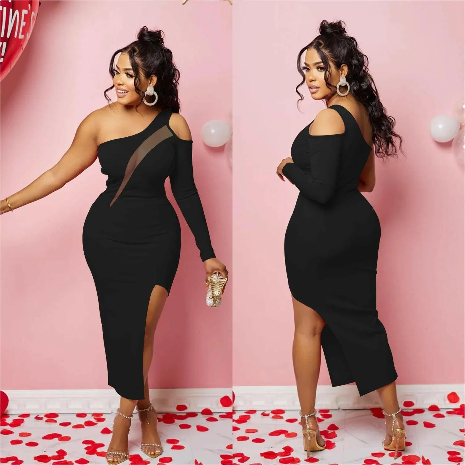 Salie Diagonal Shoulder Mesh Single Long- sleeve Dress-FINAL SALE