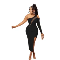 Salie Diagonal Shoulder Mesh Single Long- sleeve Dress-FINAL SALE