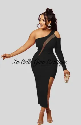 Salie Diagonal Shoulder Mesh Single Long- sleeve Dress-FINAL SALE