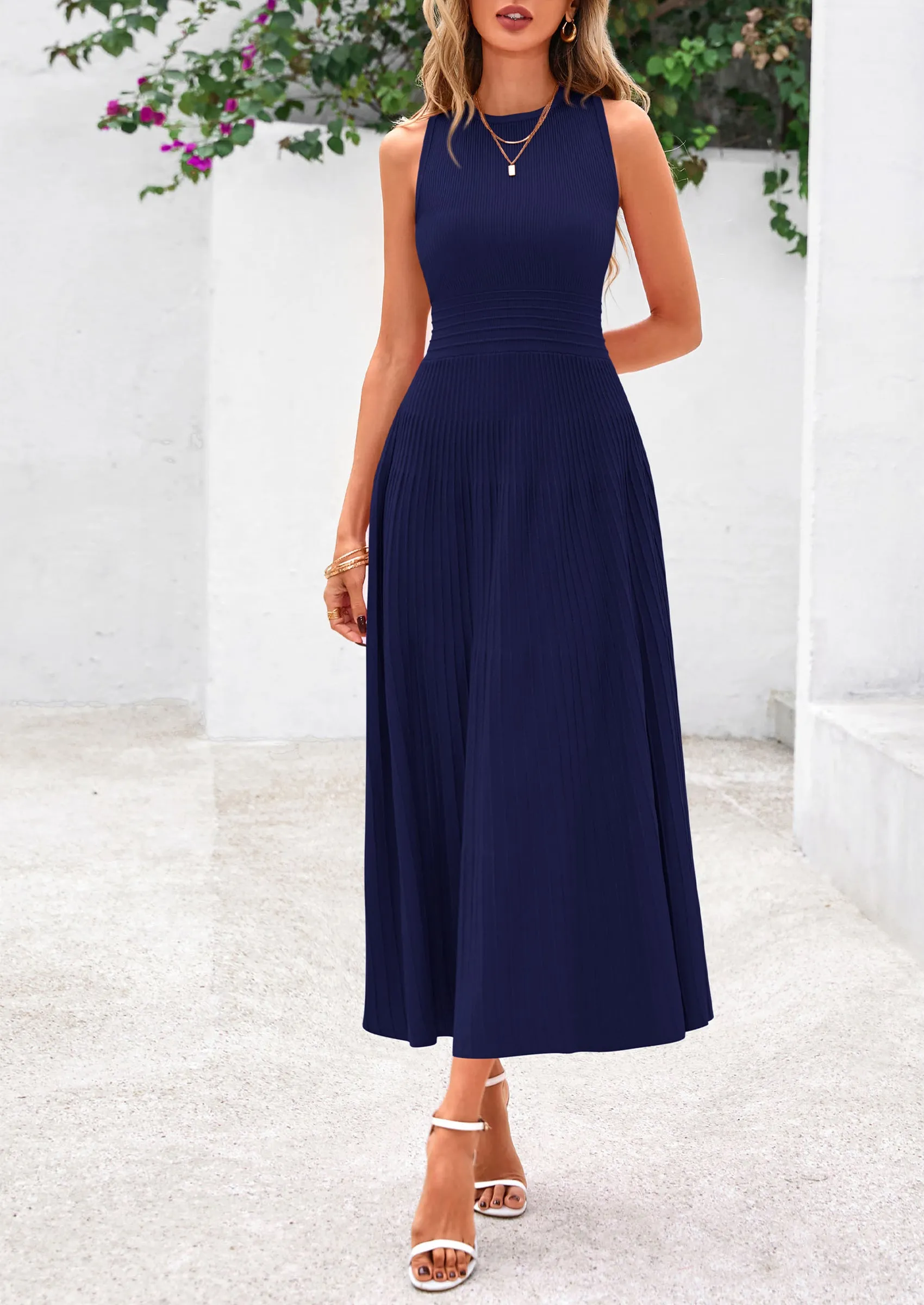 Sleeveless Crew Neck Knit A Line Pleated Swing Wedding Guest Casual Midi Dresses
