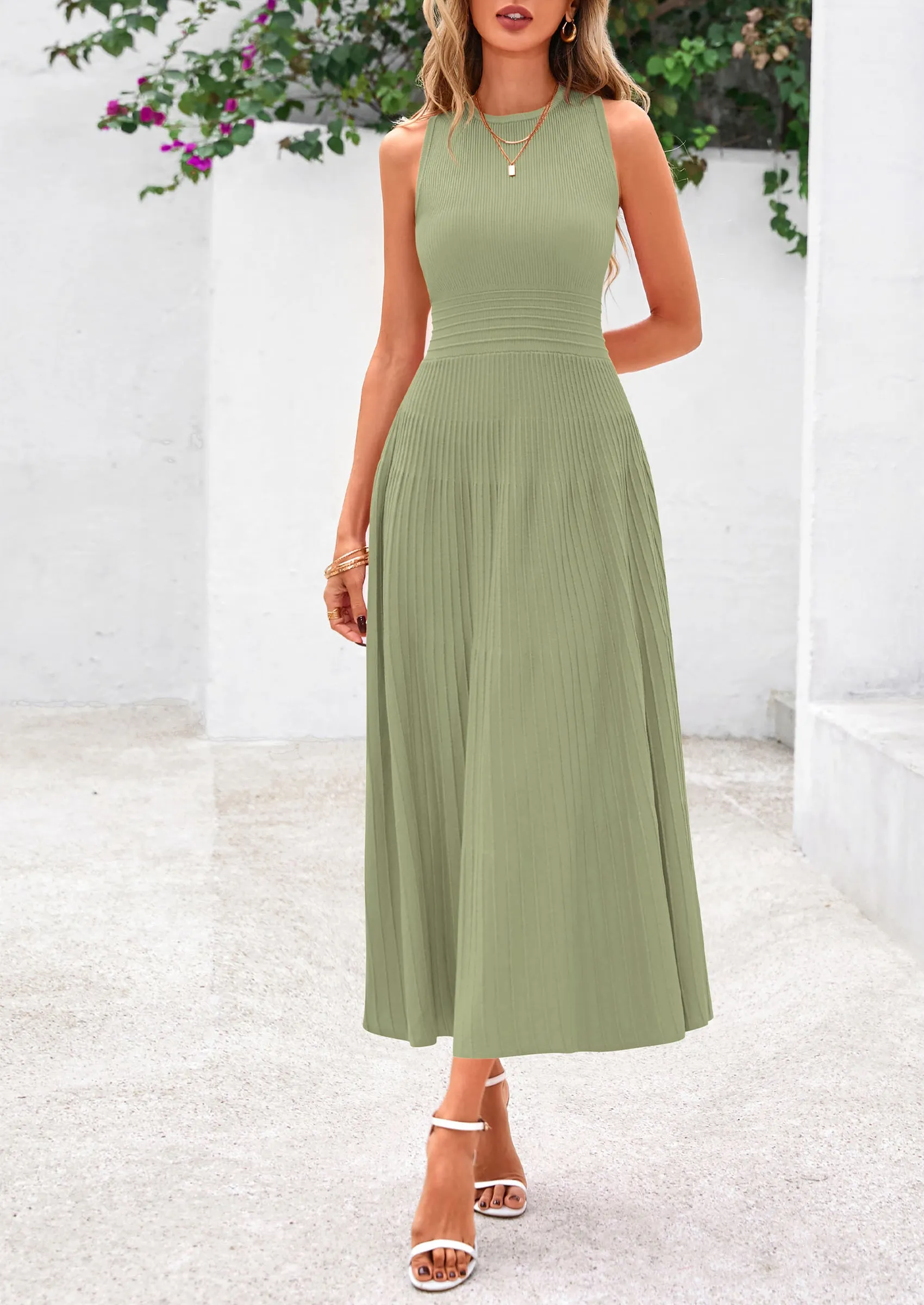 Sleeveless Crew Neck Knit A Line Pleated Swing Wedding Guest Casual Midi Dresses