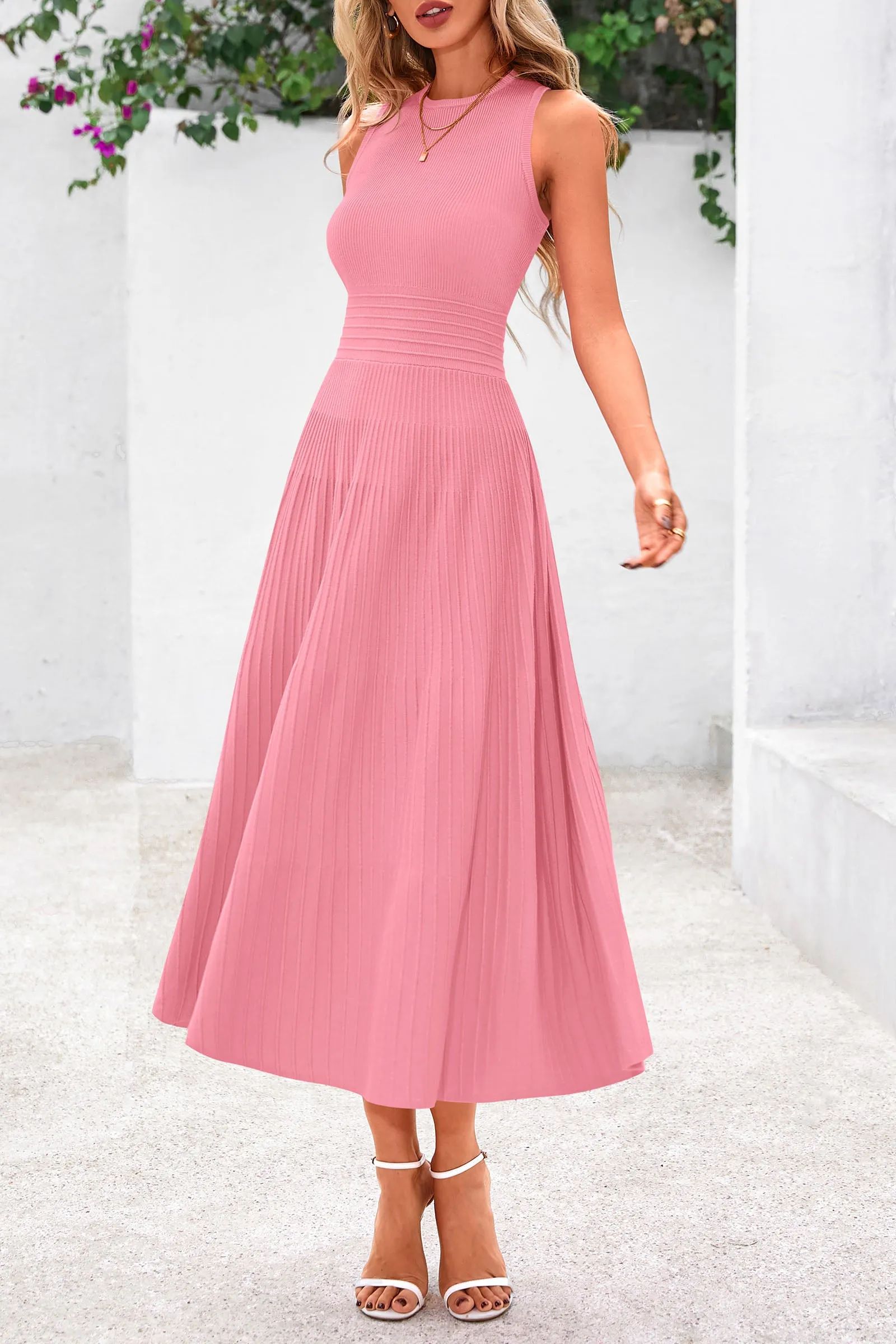 Sleeveless Crew Neck Knit A Line Pleated Swing Wedding Guest Casual Midi Dresses