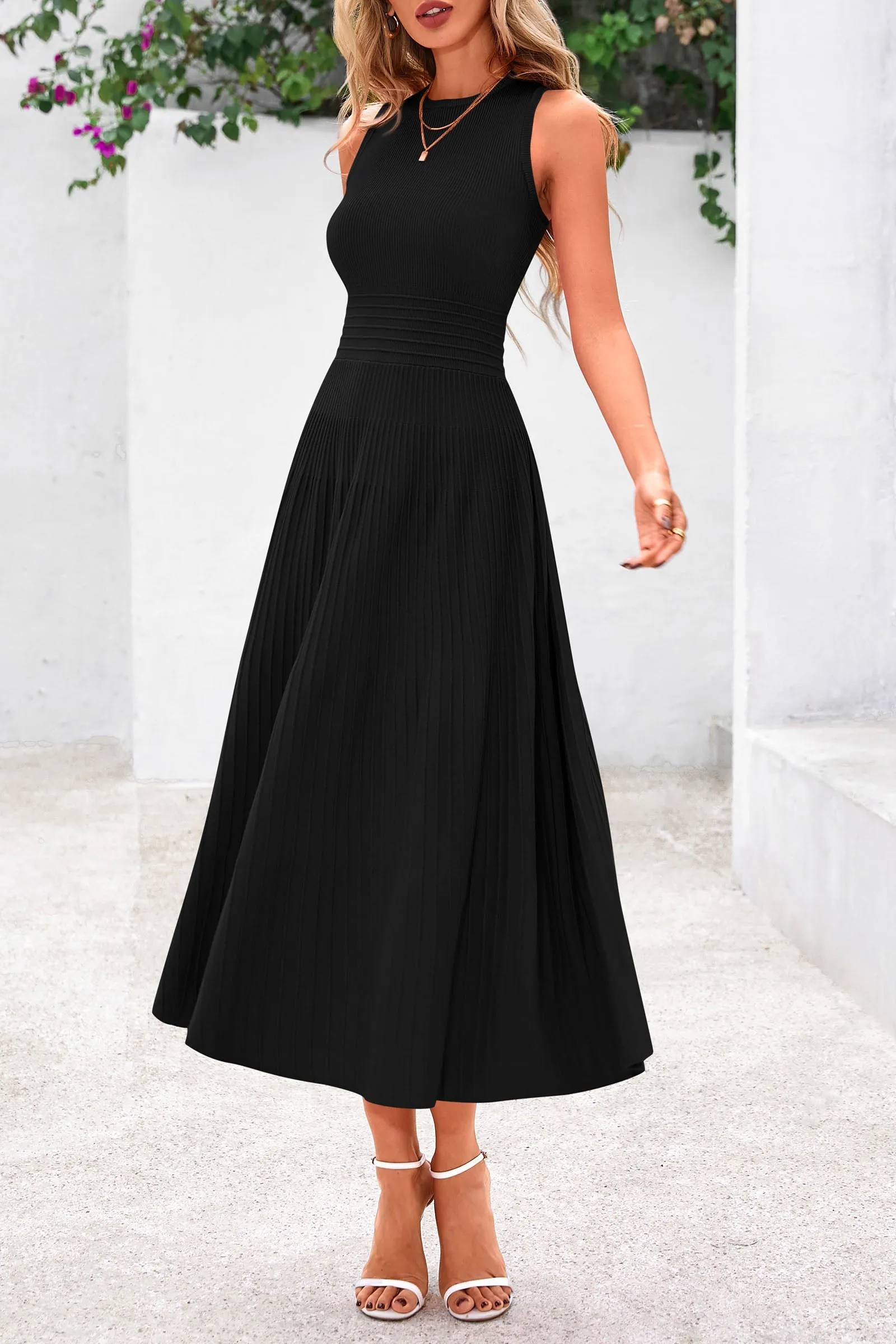 Sleeveless Crew Neck Knit A Line Pleated Swing Wedding Guest Casual Midi Dresses