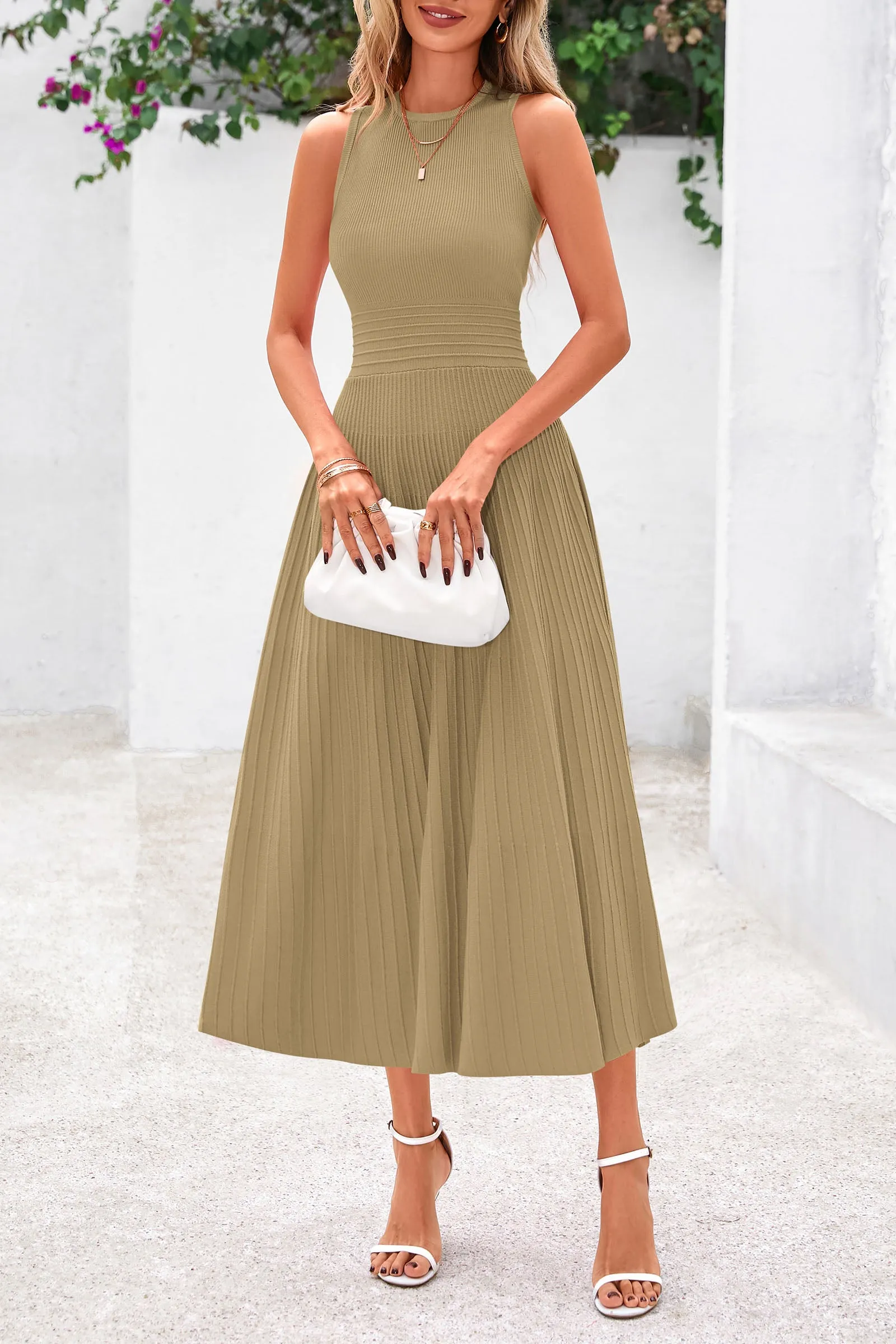 Sleeveless Crew Neck Knit A Line Pleated Swing Wedding Guest Casual Midi Dresses