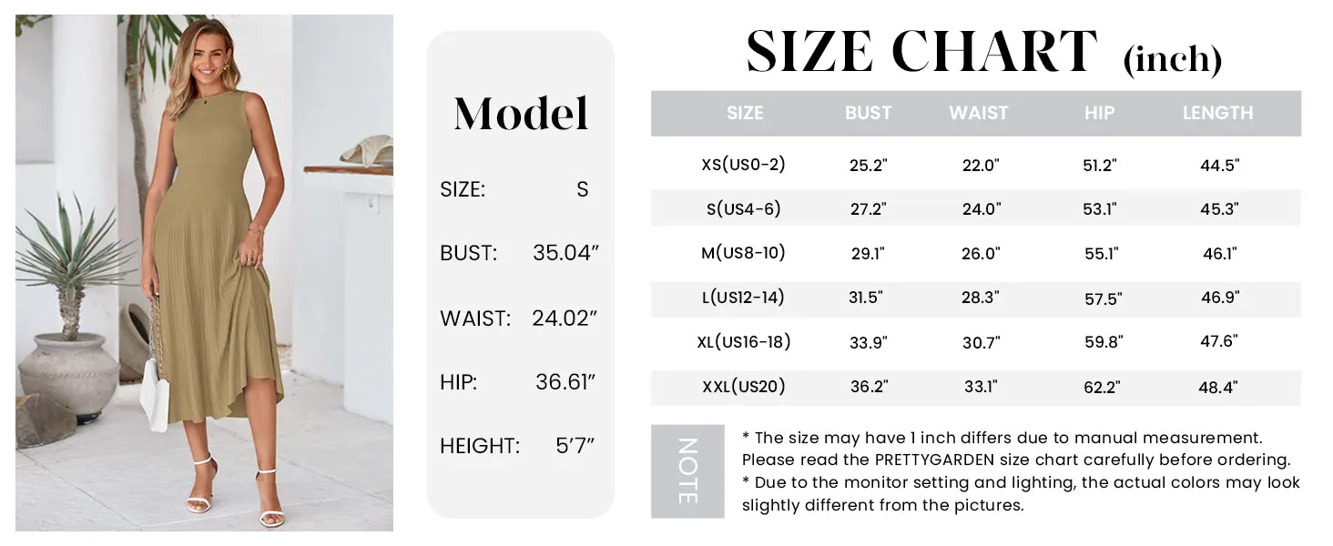 Sleeveless Crew Neck Knit A Line Pleated Swing Wedding Guest Casual Midi Dresses