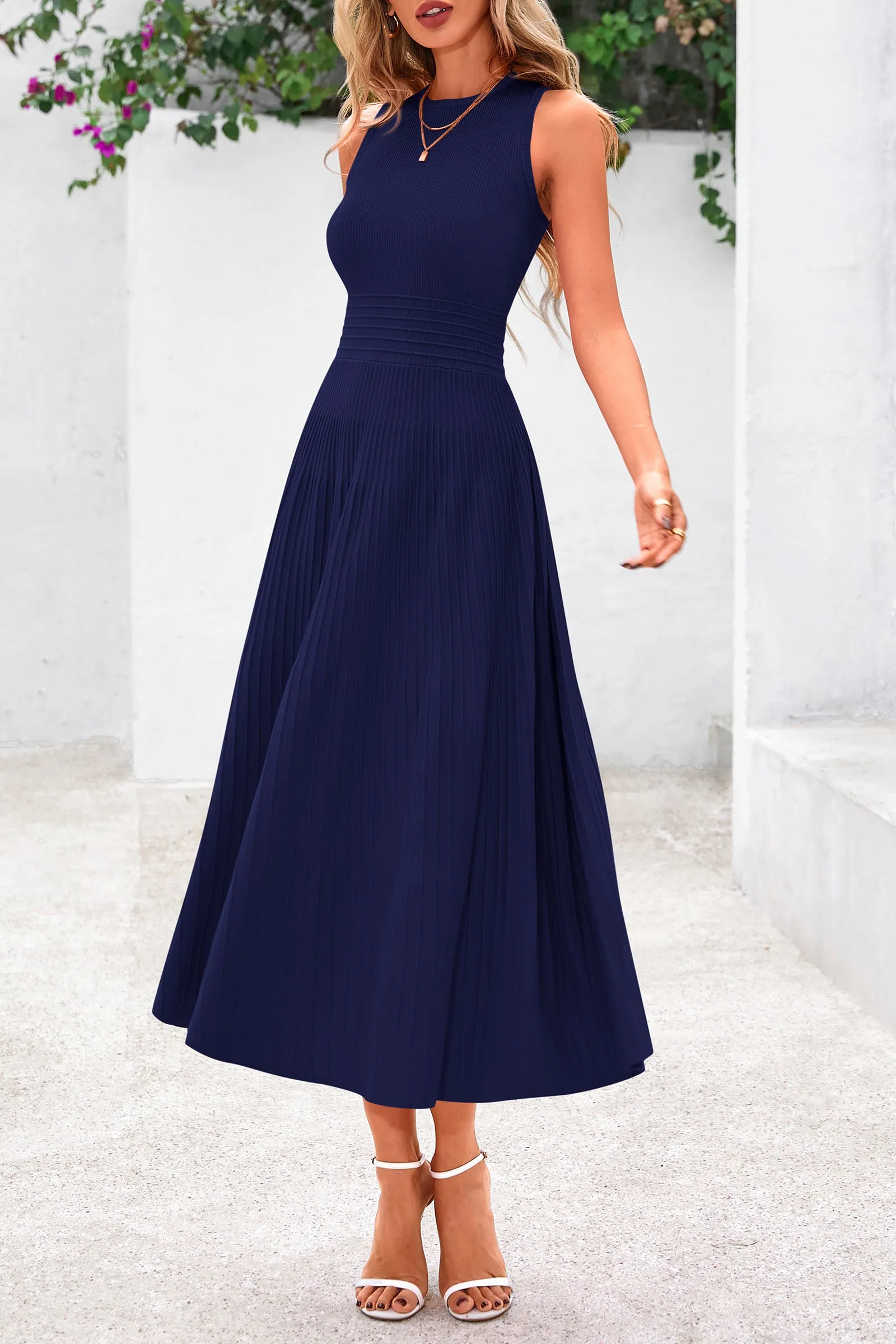 Sleeveless Crew Neck Knit A Line Pleated Swing Wedding Guest Casual Midi Dresses