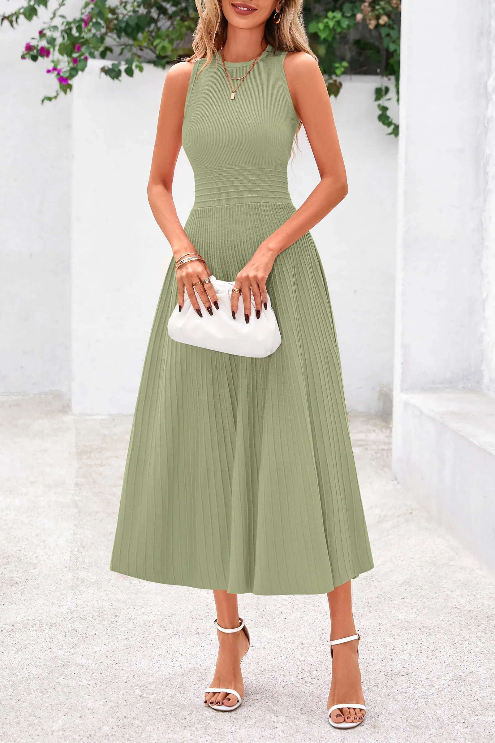 Sleeveless Crew Neck Knit A Line Pleated Swing Wedding Guest Casual Midi Dresses