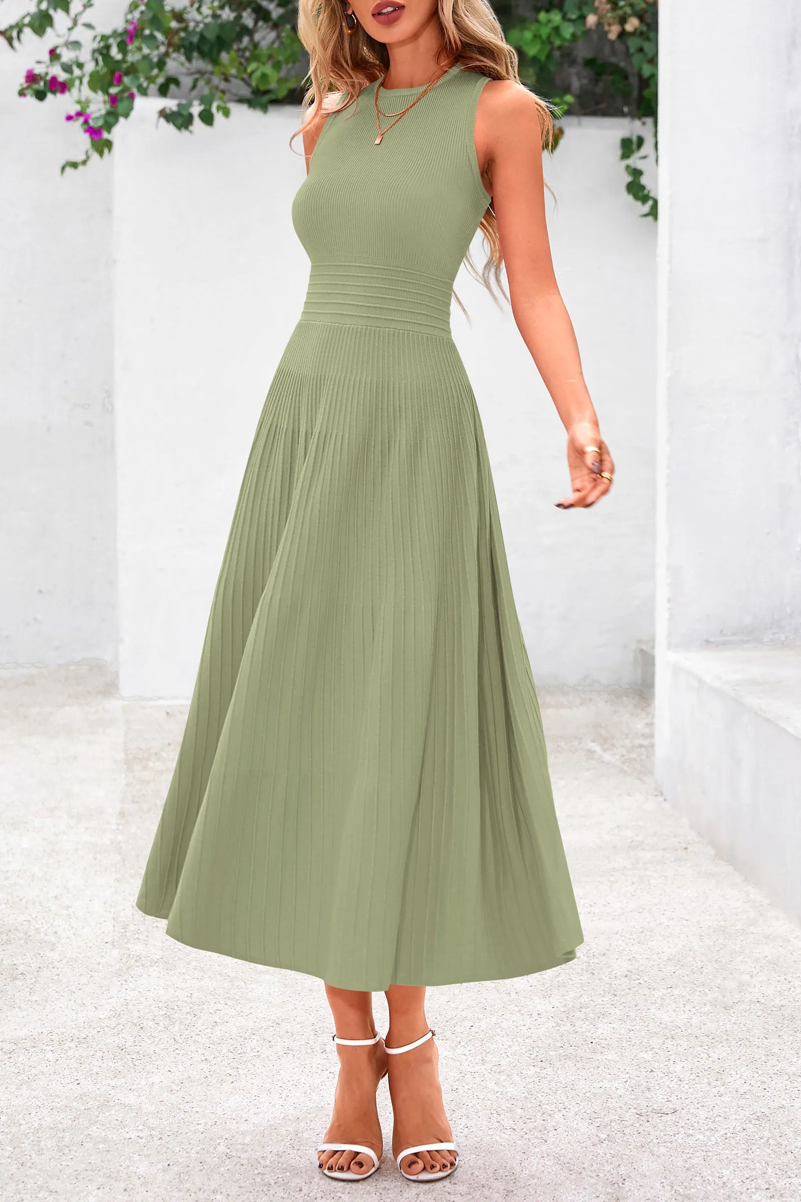 Sleeveless Crew Neck Knit A Line Pleated Swing Wedding Guest Casual Midi Dresses