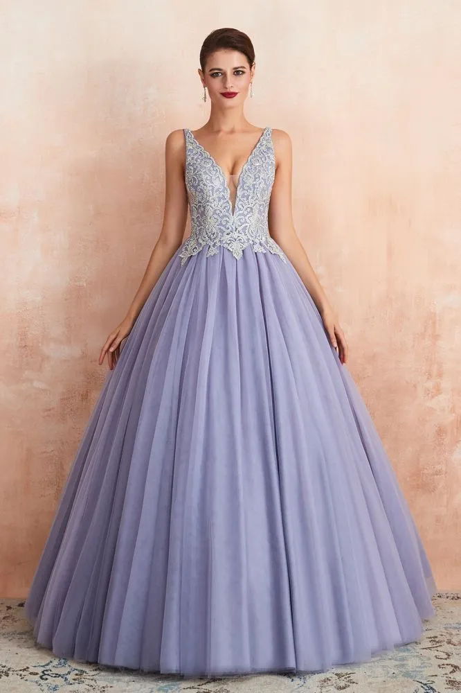 Sparkly Double V-Neck Aline Ball Gown Crystals Tulle Floor Length Party Dress