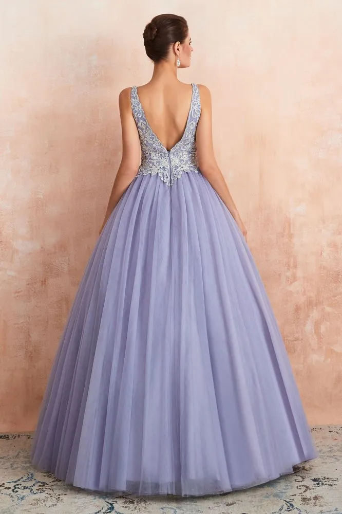 Sparkly Double V-Neck Aline Ball Gown Crystals Tulle Floor Length Party Dress