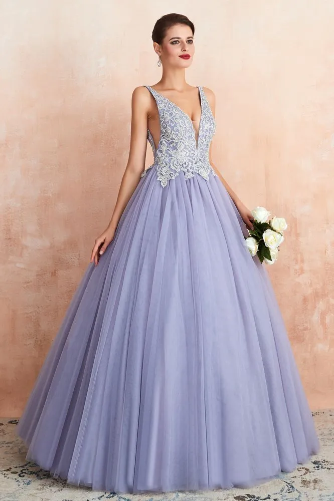Sparkly Double V-Neck Aline Ball Gown Crystals Tulle Floor Length Party Dress