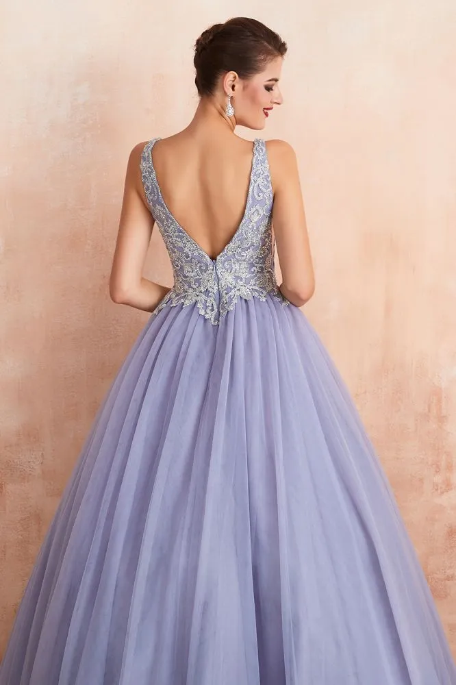 Sparkly Double V-Neck Aline Ball Gown Crystals Tulle Floor Length Party Dress