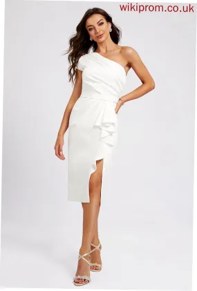 Split Front Ruffle Cocktail Sheath/Column Dress Knee-Length Crepe One-Shoulder With Rachael Stretch Cocktail Dresses