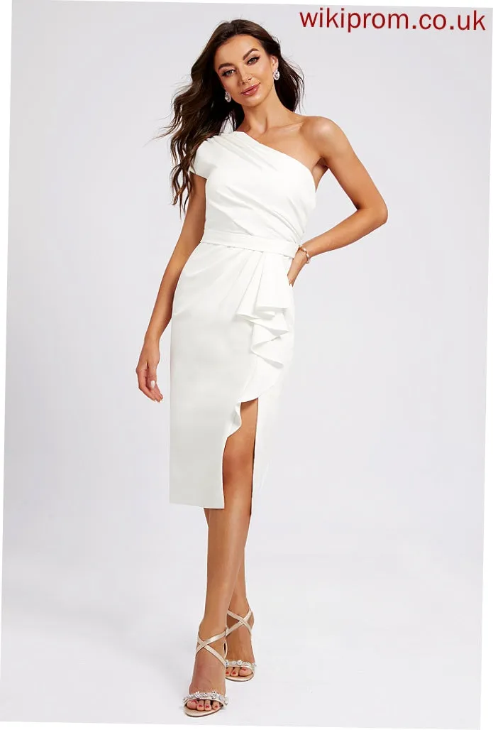 Split Front Ruffle Cocktail Sheath/Column Dress Knee-Length Crepe One-Shoulder With Rachael Stretch Cocktail Dresses