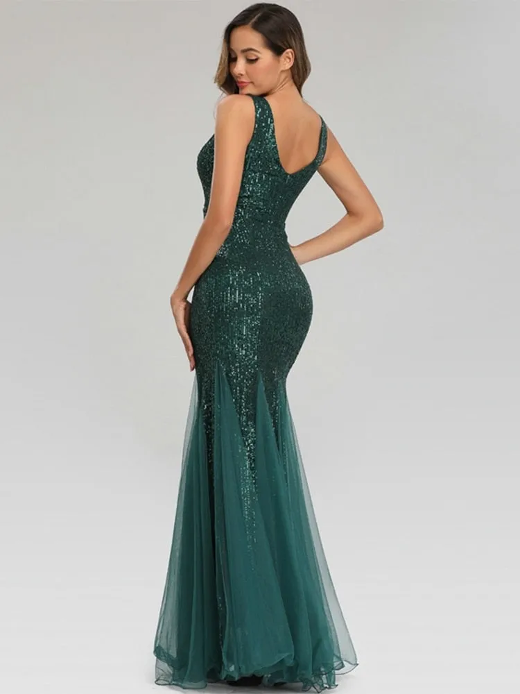 Stunningly sequined  metallic V neck mermaid floor length formal  gown