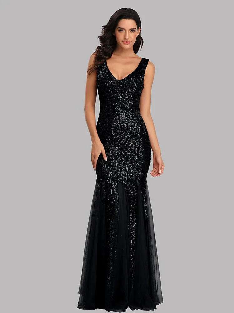Stunningly sequined  metallic V neck mermaid floor length formal  gown