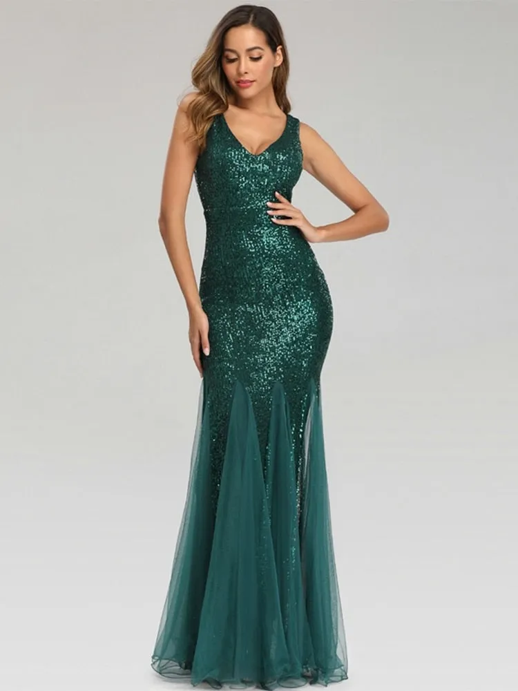 Stunningly sequined  metallic V neck mermaid floor length formal  gown