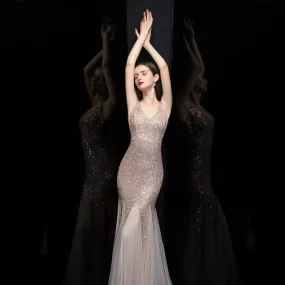 Stunningly sequined  metallic V neck mermaid floor length formal  gown
